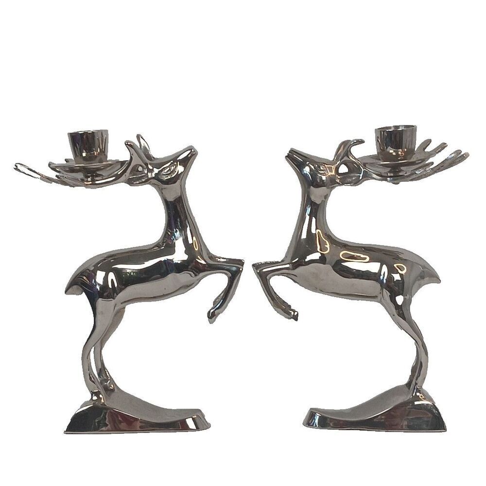 Metal Reindeer Silver Tone 2 Candle Holders 7" Heavy Pair Made in India Holiday